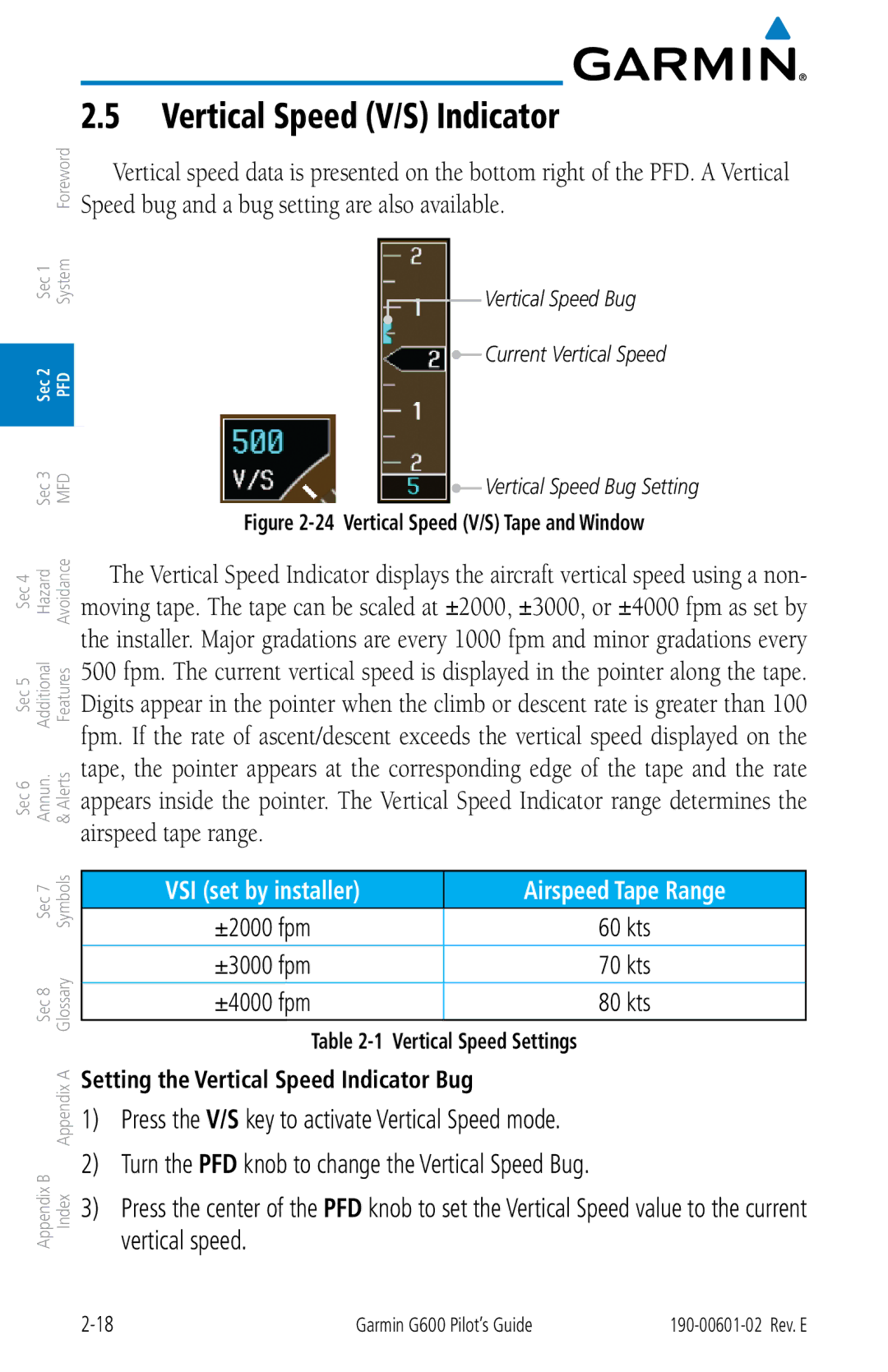 Garmin G600 manual Vertical Speed V/S Indicator, Setting the Vertical Speed Indicator Bug, Vertical Speed Settings 