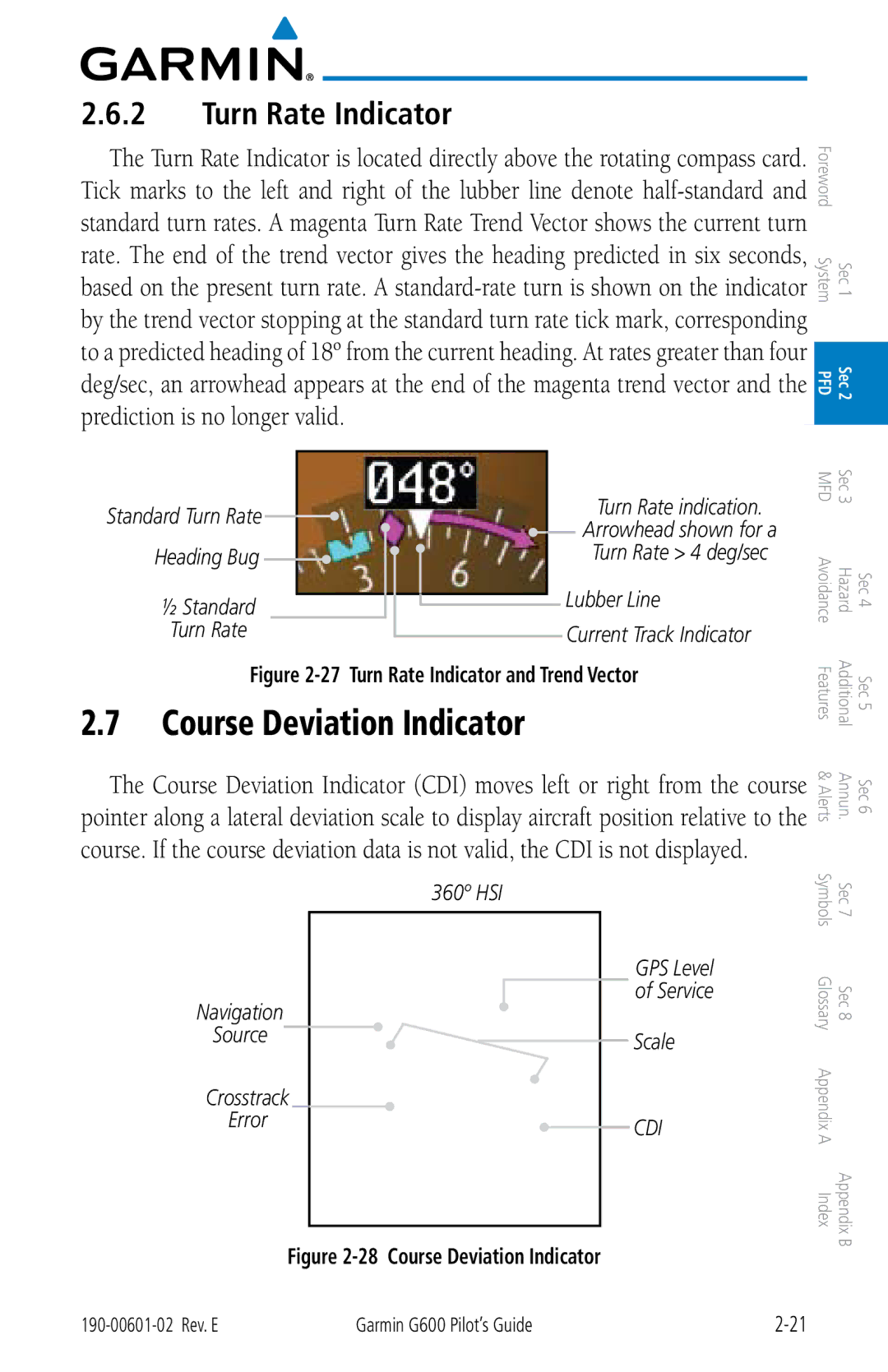 Garmin G600 manual Course Deviation Indicator, Turn Rate Indicator, 360º HSI, Source Scale, Error 