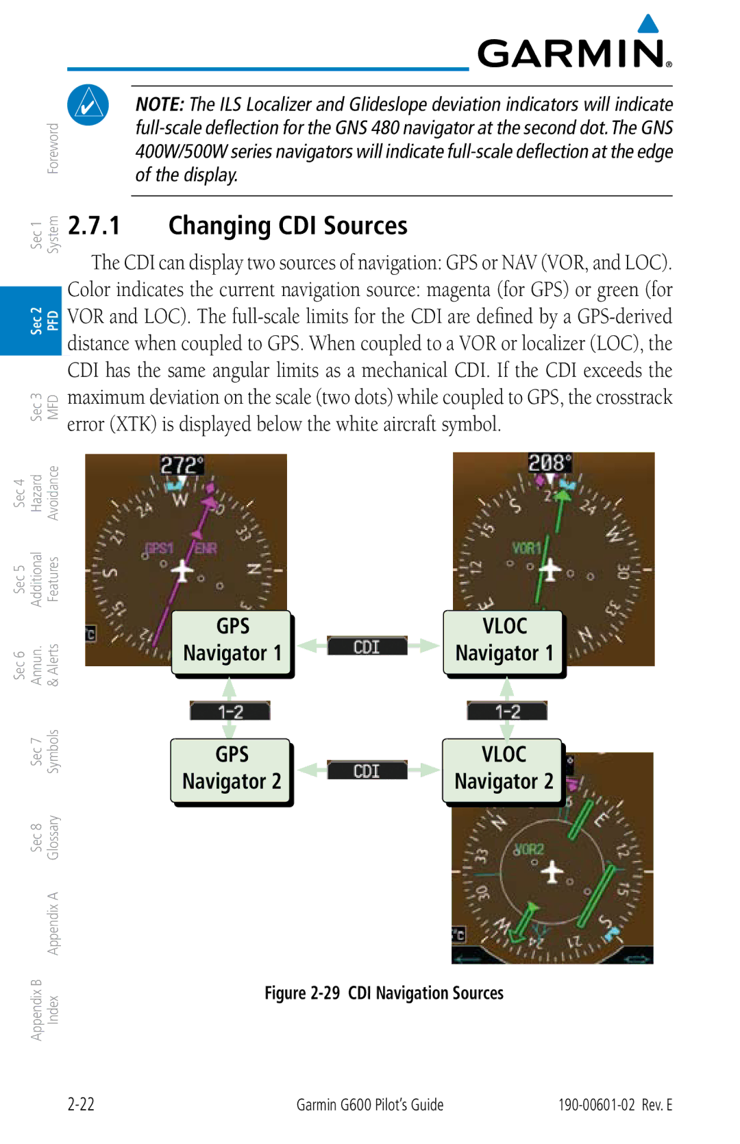 Garmin G600 manual Changing CDI Sources, Navigator 