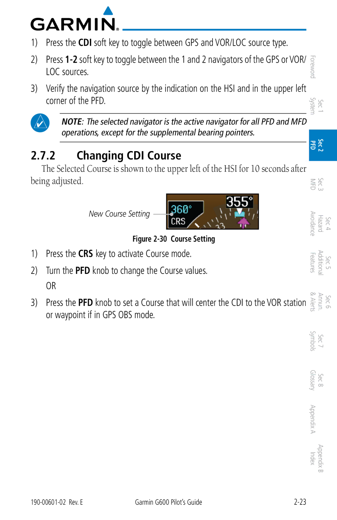 Garmin G600 manual Changing CDI Course, New Course Setting 