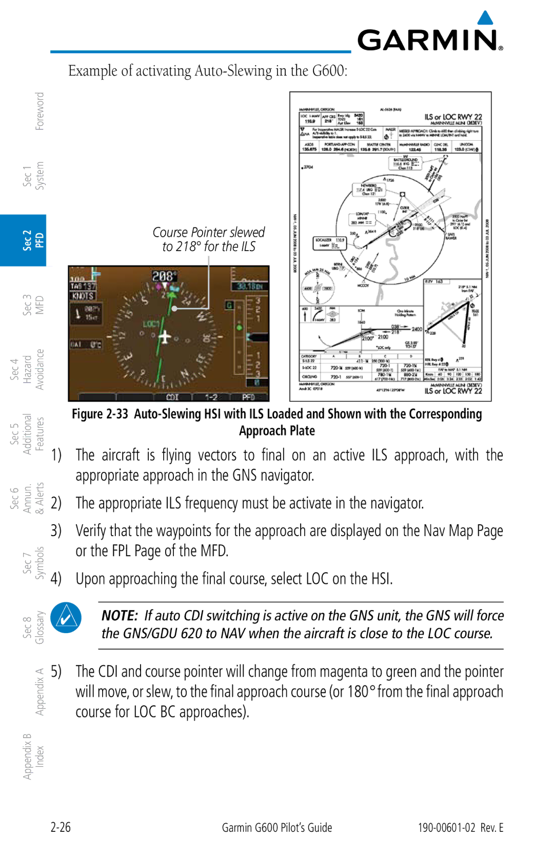 Garmin G600 manual Course Pointer slewed To 218 for the ILS, Approach Plate 