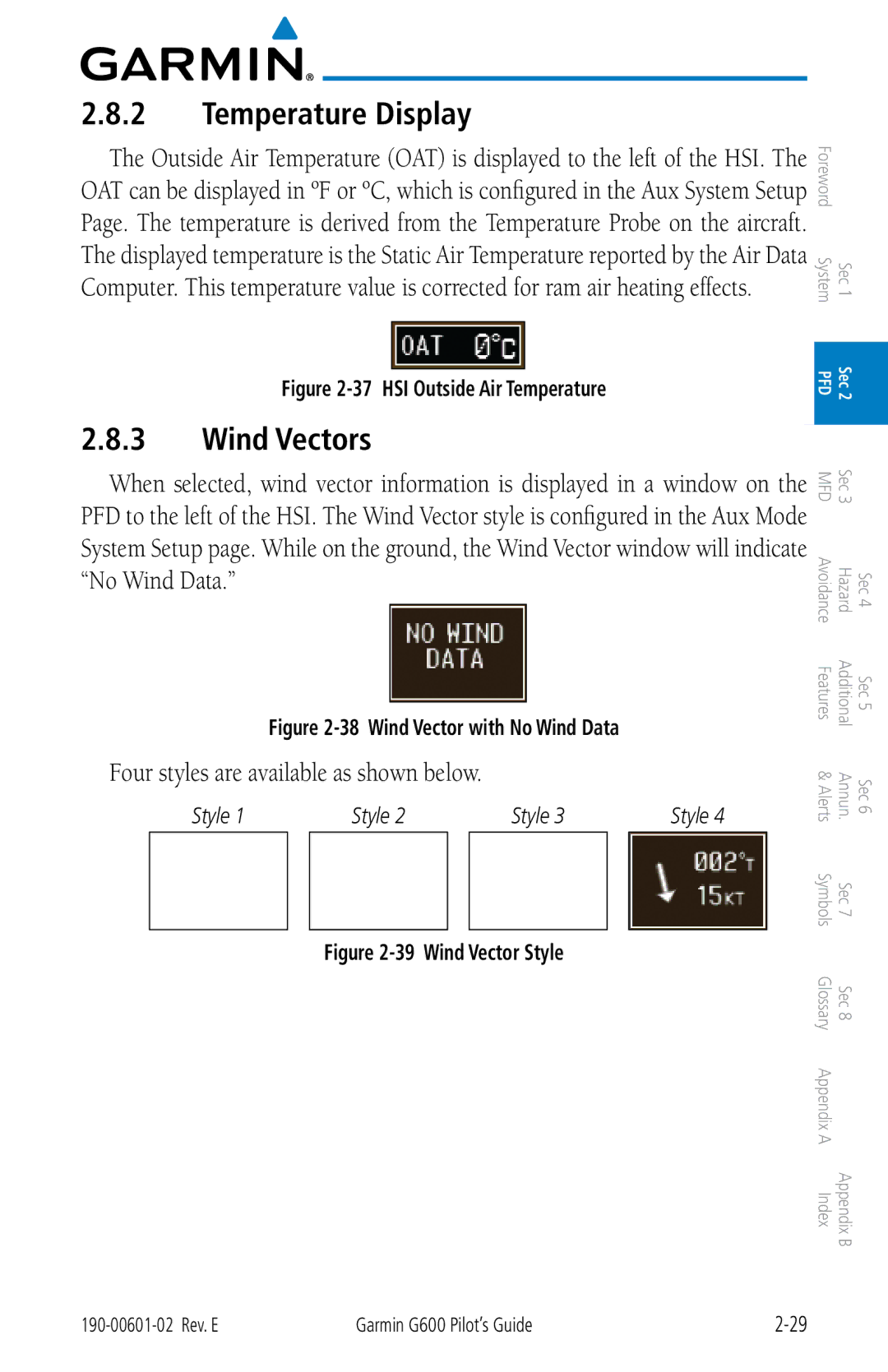 Garmin G600 manual Temperature Display, Wind Vectors, Style 