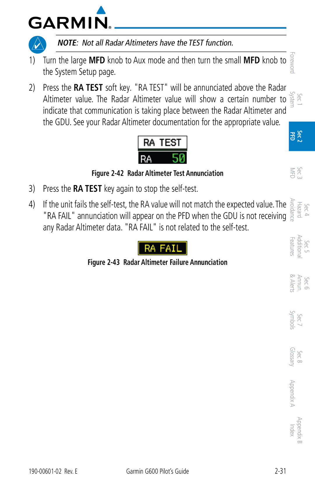 Garmin G600 manual Press the RA Test key again to stop the self-test, Radar Altimeter Test Annunciation 