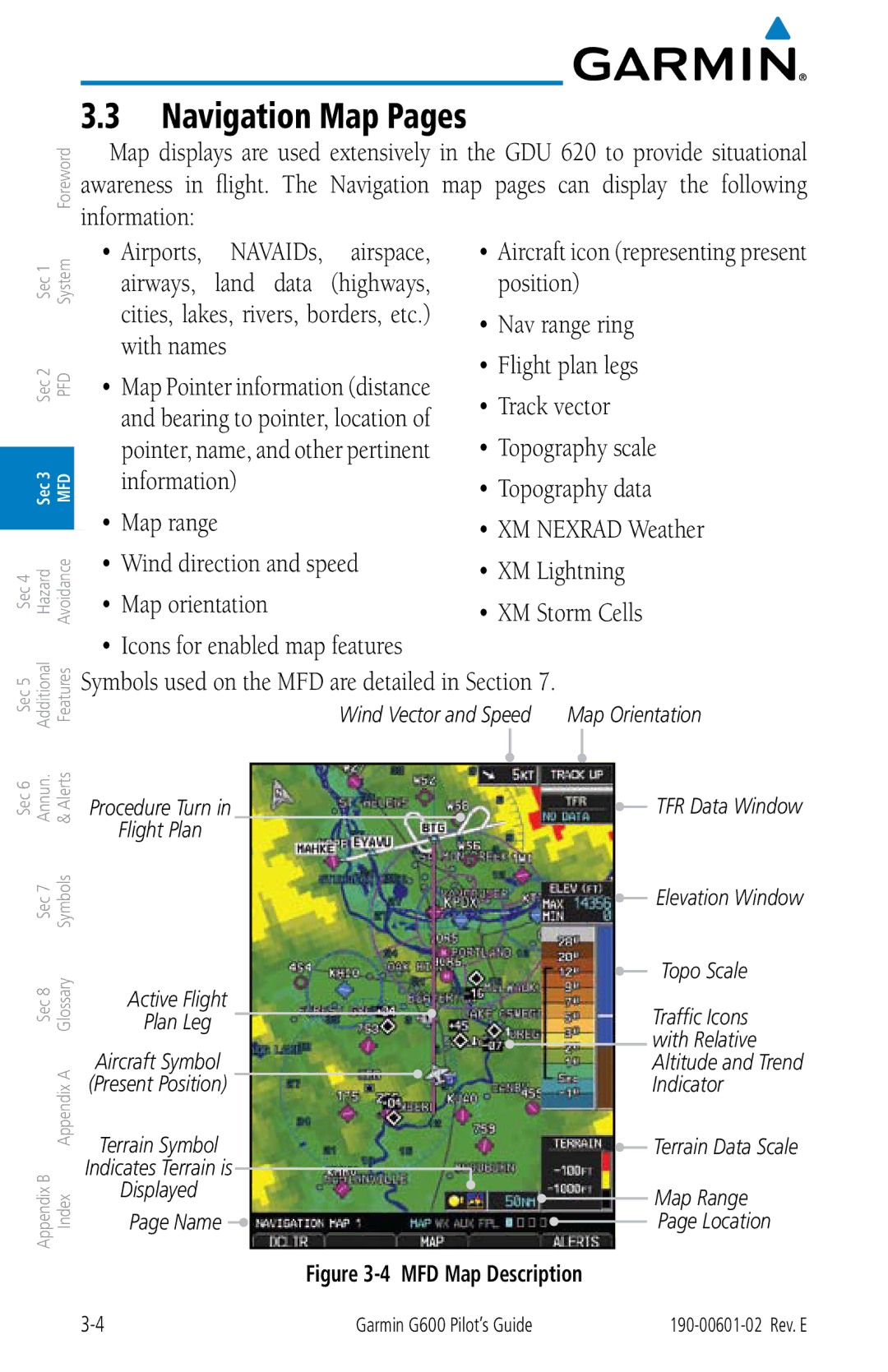 Garmin G600 manual Navigation Map Pages, Map range, Map orientation, Icons for enabled map features 