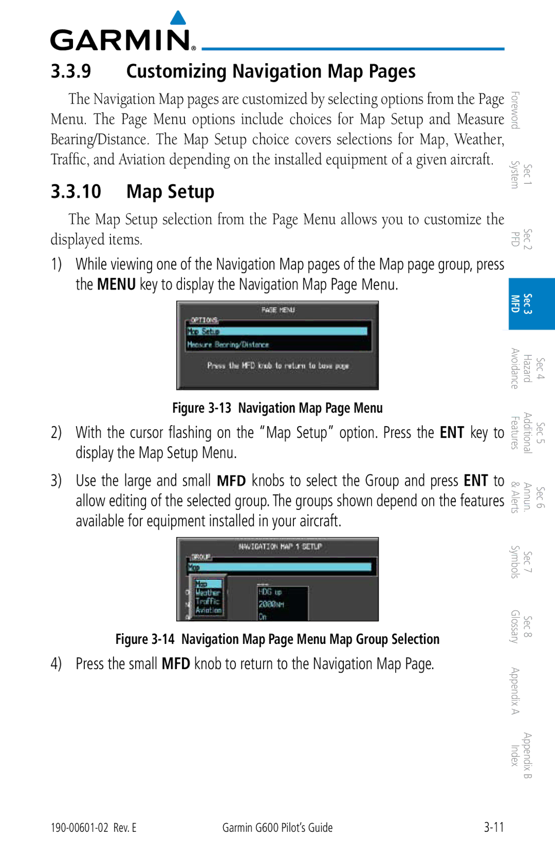 Garmin G600 manual Customizing Navigation Map Pages, Map Setup, Press the small MFD knob to return to the Navigation Map 