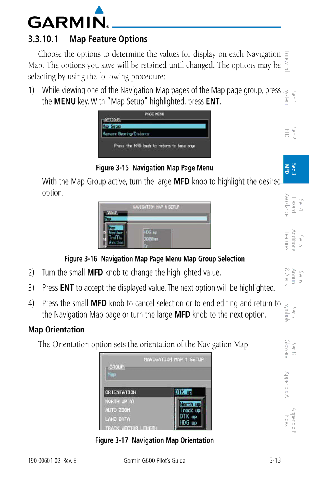 Garmin G600 manual Map Feature Options, Map Orientation 