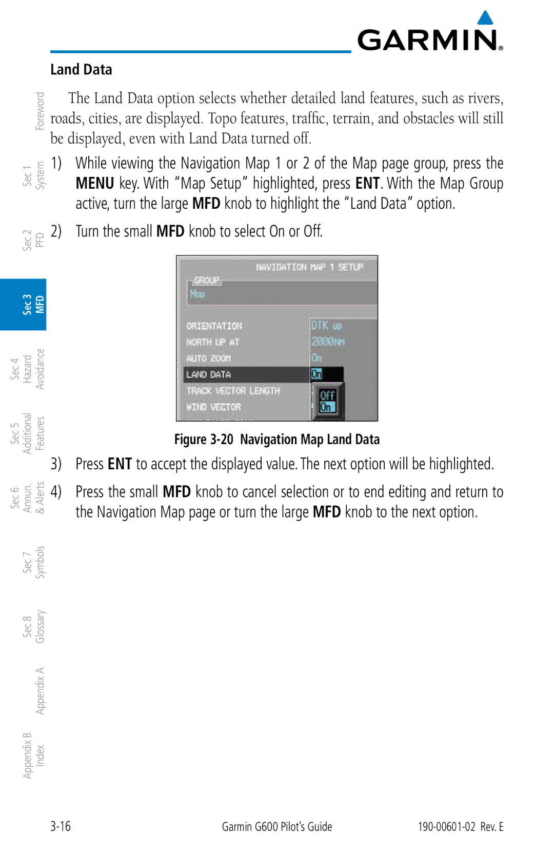 Garmin G600 manual Navigation Map Land Data 