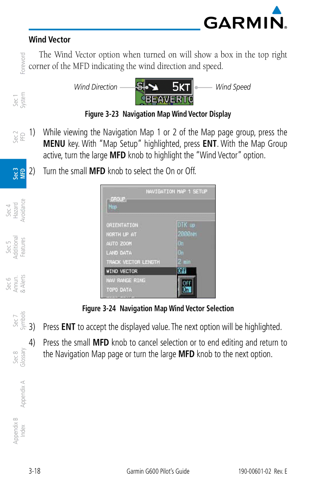 Garmin G600 manual Turn the small MFD knob to select the On or Off, Wind Vector 