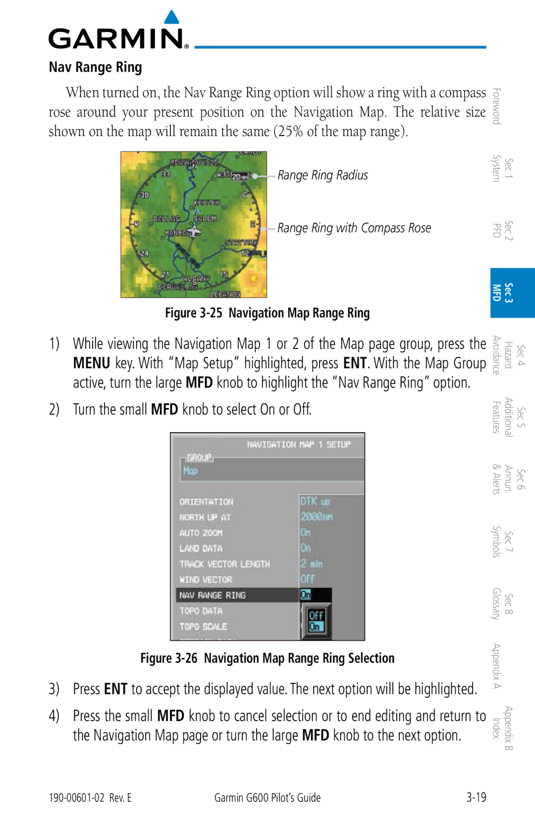 Garmin G600 manual Nav Range Ring, Range Ring Radius Range Ring with Compass Rose 