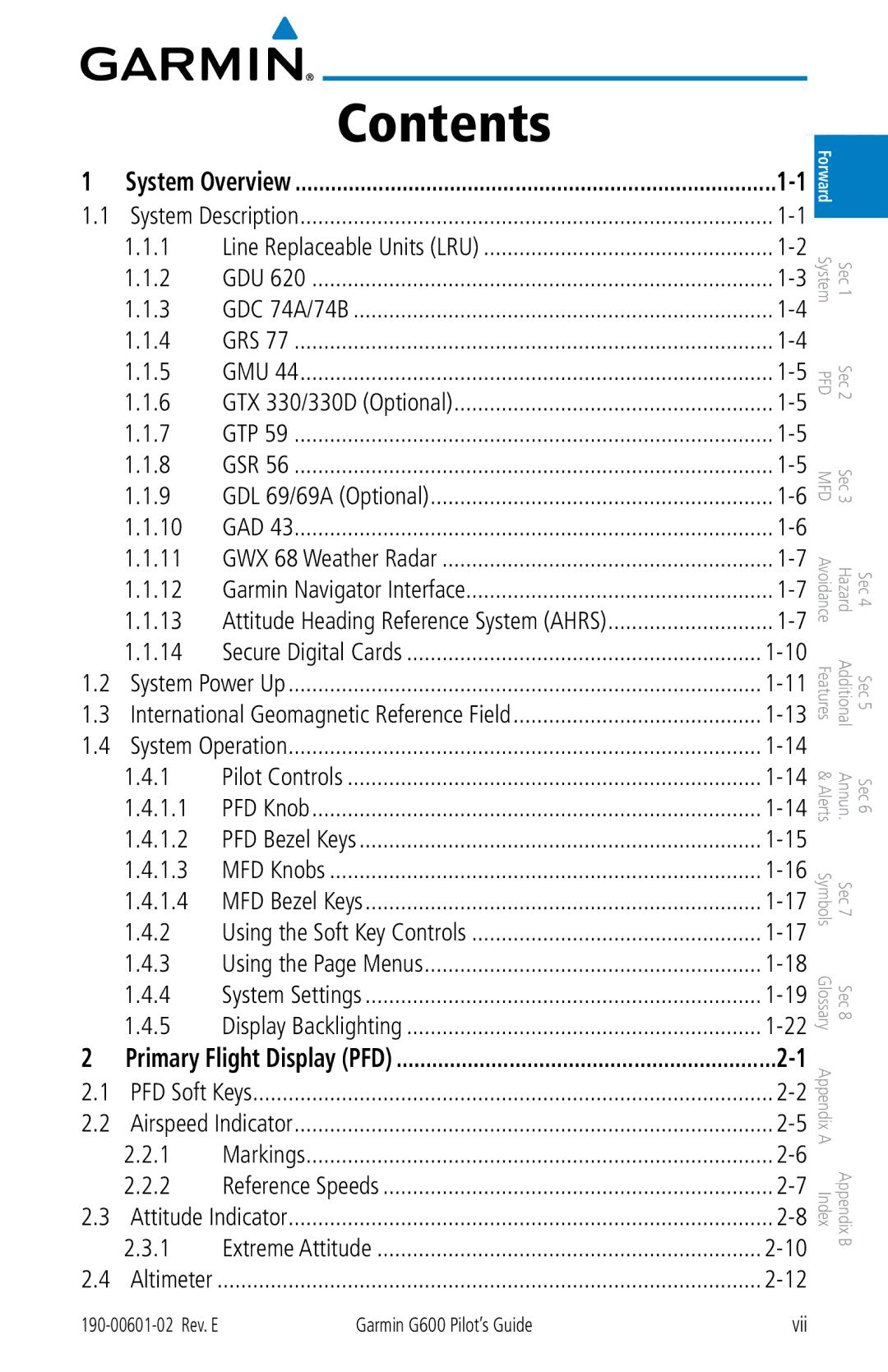 Garmin G600 manual Contents 