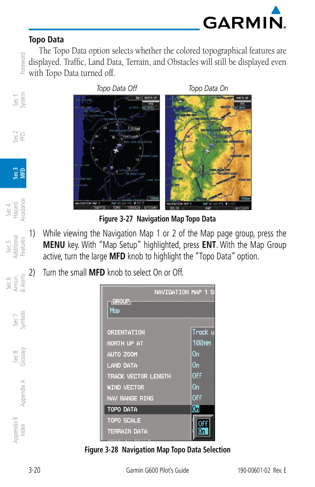 Garmin G600 manual Topo Data Off Topo Data On 