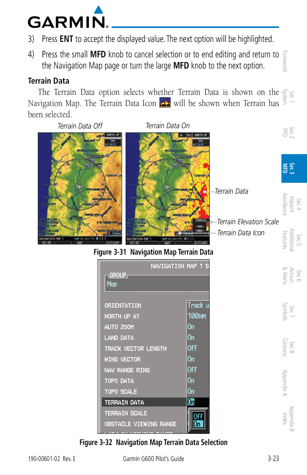 Garmin G600 manual Terrain Data Off, Terrain Data Terrain Elevation Scale Terrain Data Icon 