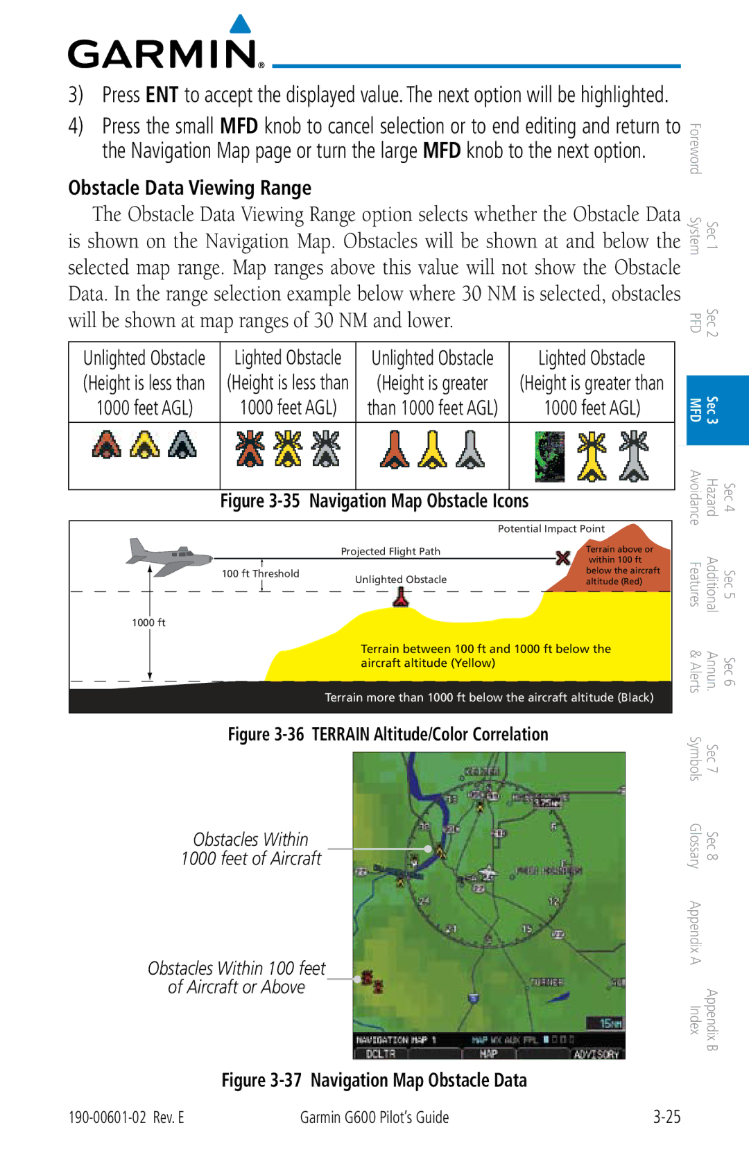 Garmin G600 manual Obstacle Data Viewing Range, Terrain Altitude/Color Correlation 