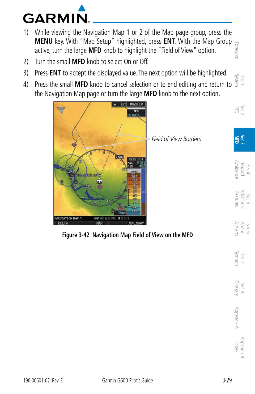 Garmin G600 manual Field of View Borders, Navigation Map Field of View on the MFD 