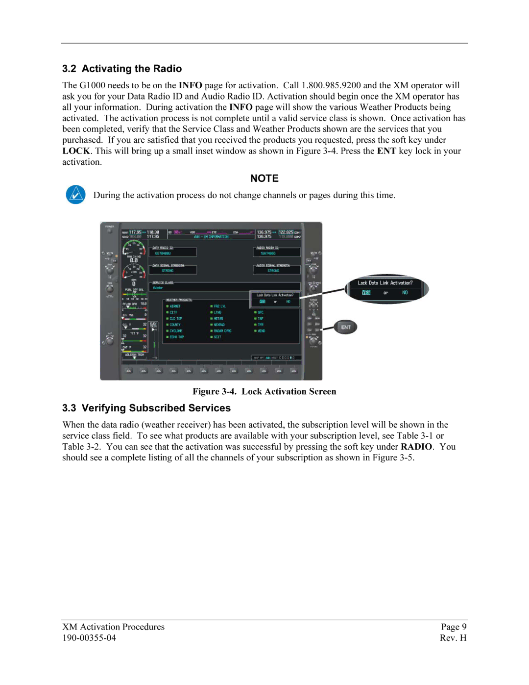 Garmin GDL 69 manual Activating13Bthe Radio, Verifying14BSubscribed Services 