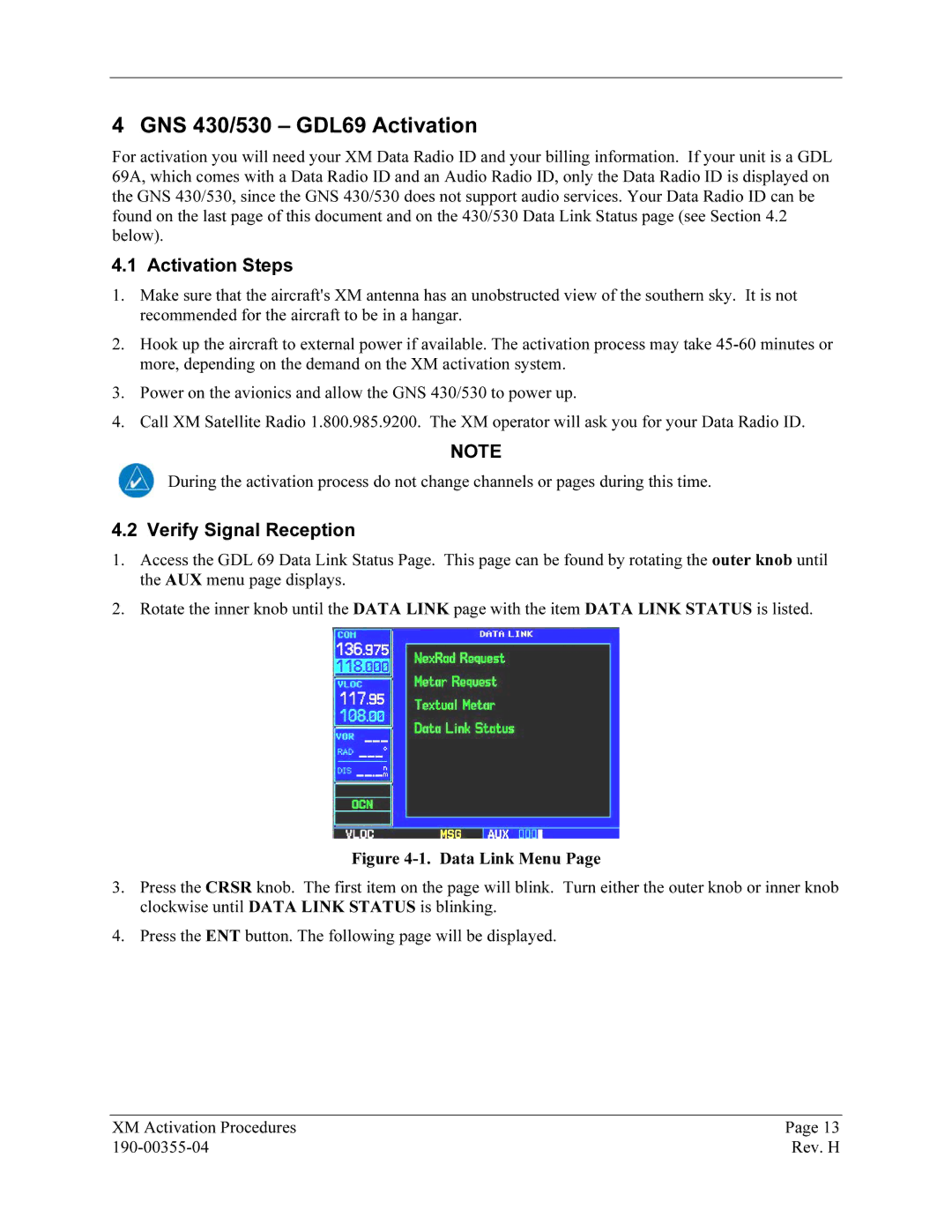 Garmin GDL 69 manual GNS3B430/530 GDL69 Activation, Activation17BSteps, Verify18BSignal Reception 