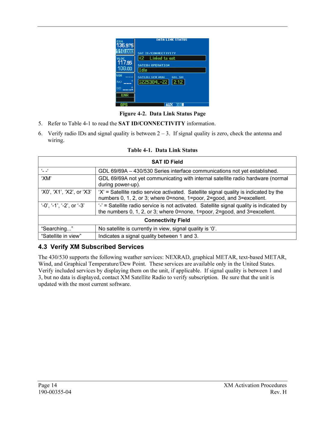 Garmin GDL 69 manual Verify19BXM Subscribed Services 