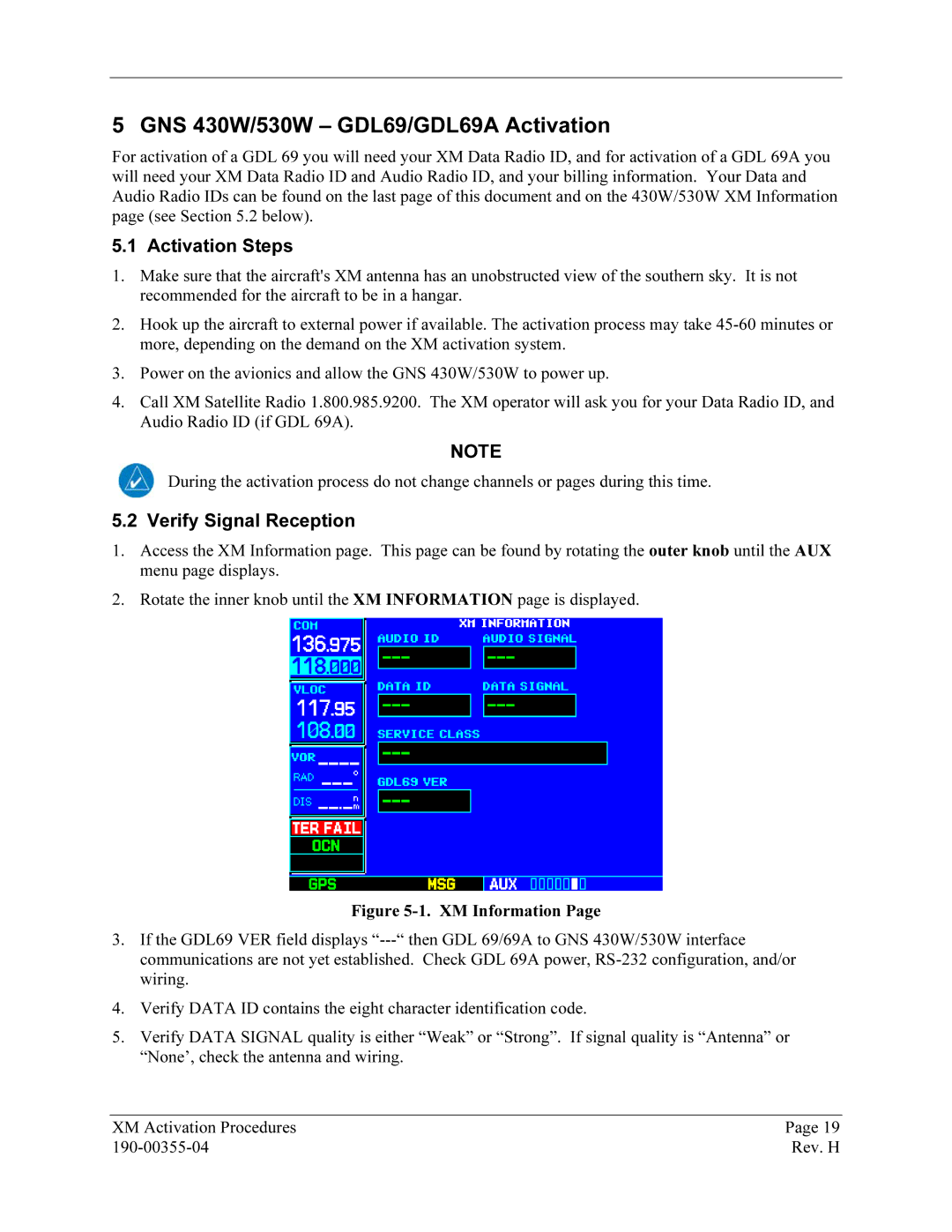 Garmin GDL 69 manual GNS4B430W/530W GDL69/GDL69A Activation, Activation22BSteps, Verify23BSignal Reception 