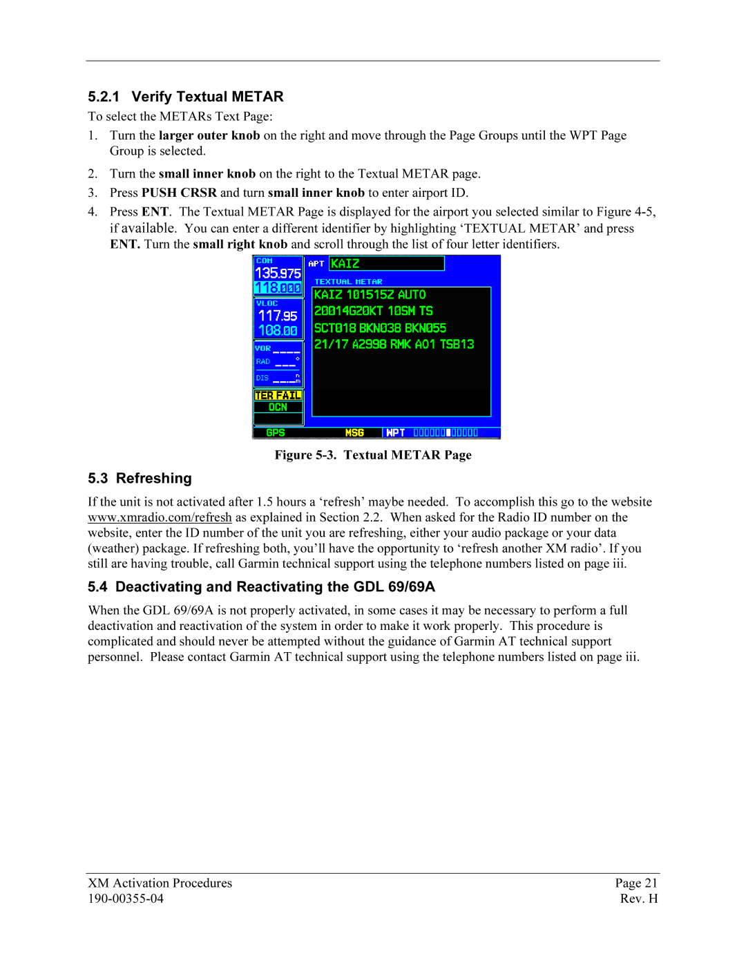 Garmin manual Verify39BTextual Metar, Refreshing24B Deactivating25Band Reactivating the GDL 69/69A 