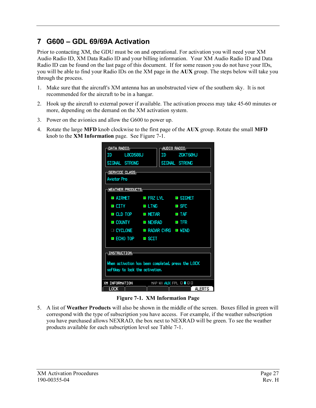 Garmin manual G6006B- GDL 69/69A Activation, XM Information 