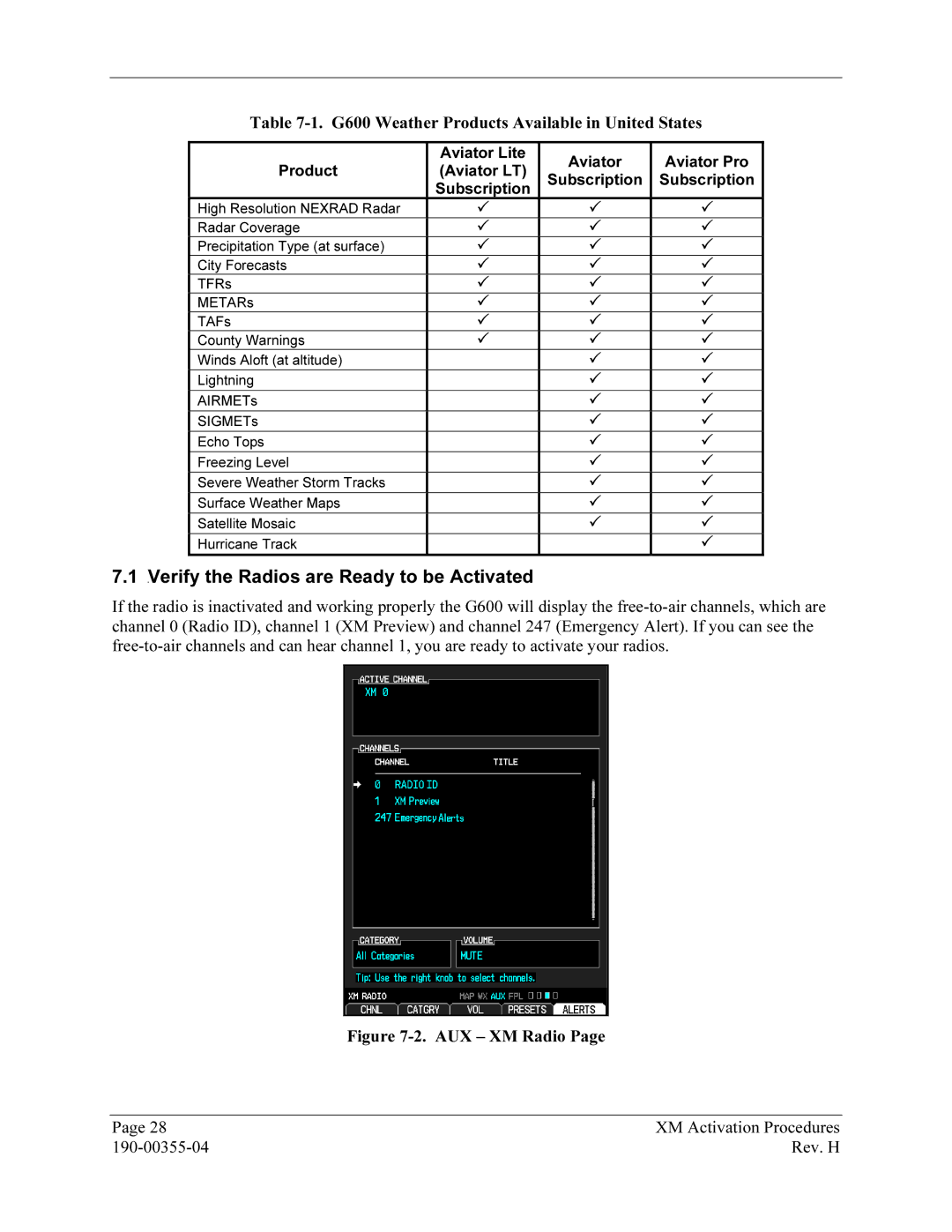 Garmin GDL 69 manual Verify29Bthe Radios are Ready to be Activated, G600 Weather Products Available in United States 