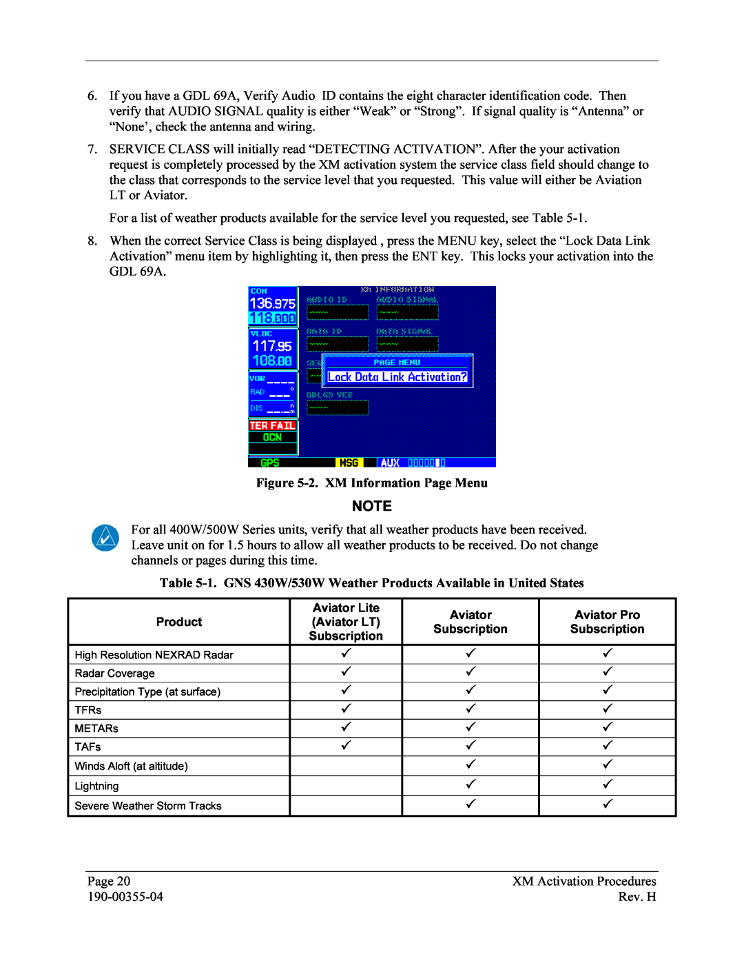 Garmin GDL 69 manual 2.XM Information Page Menu 
