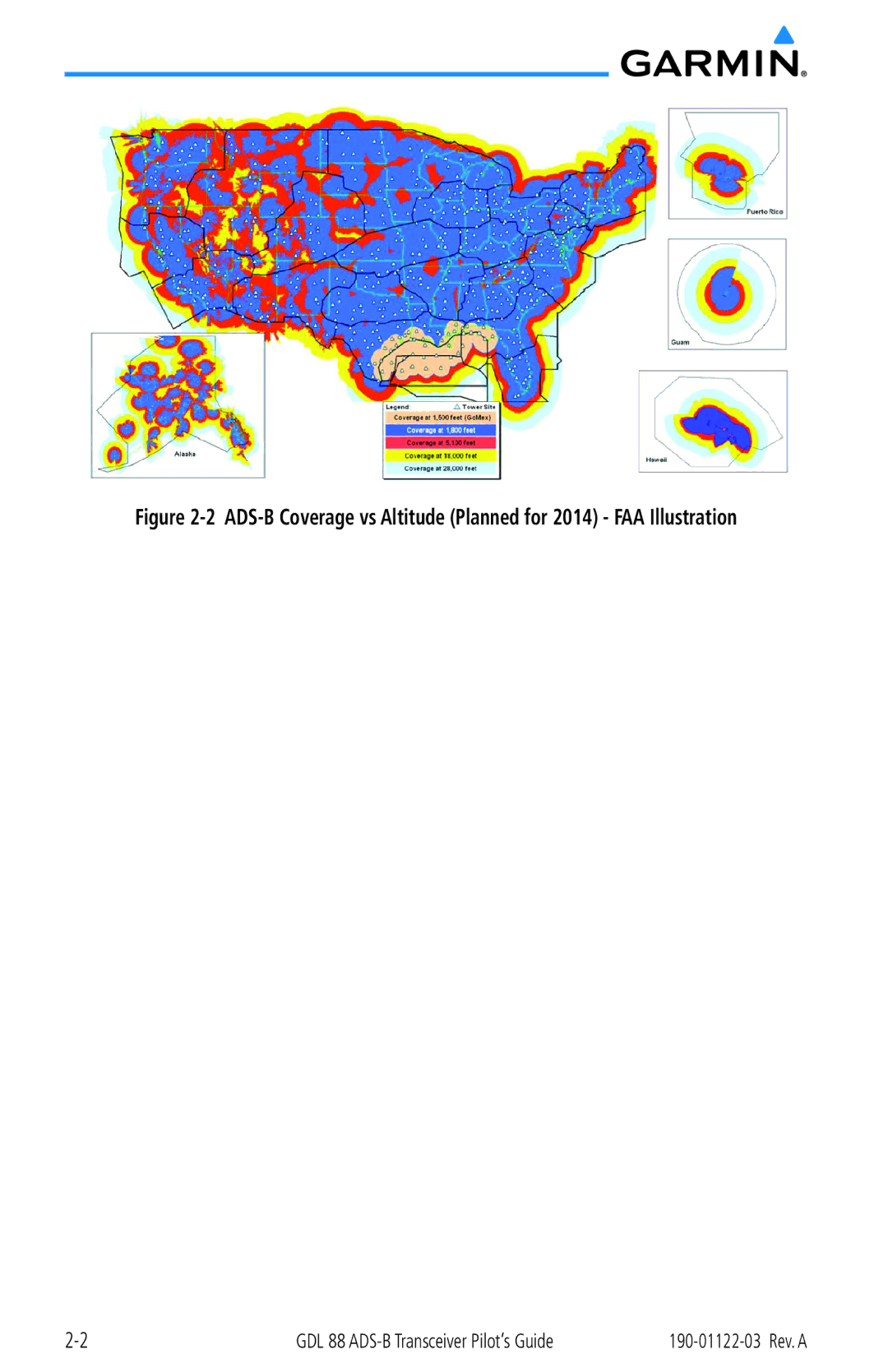 Garmin GDL 88 manual ADS-B Coverage vs Altitude Planned for 2014 FAA Illustration 