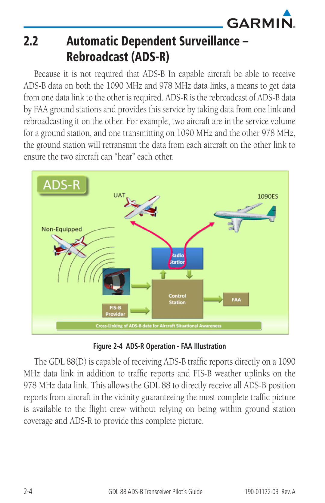 Garmin GDL 88 manual Automatic Dependent Surveillance Rebroadcast ADS-R, ADS-R Operation FAA Illustration 