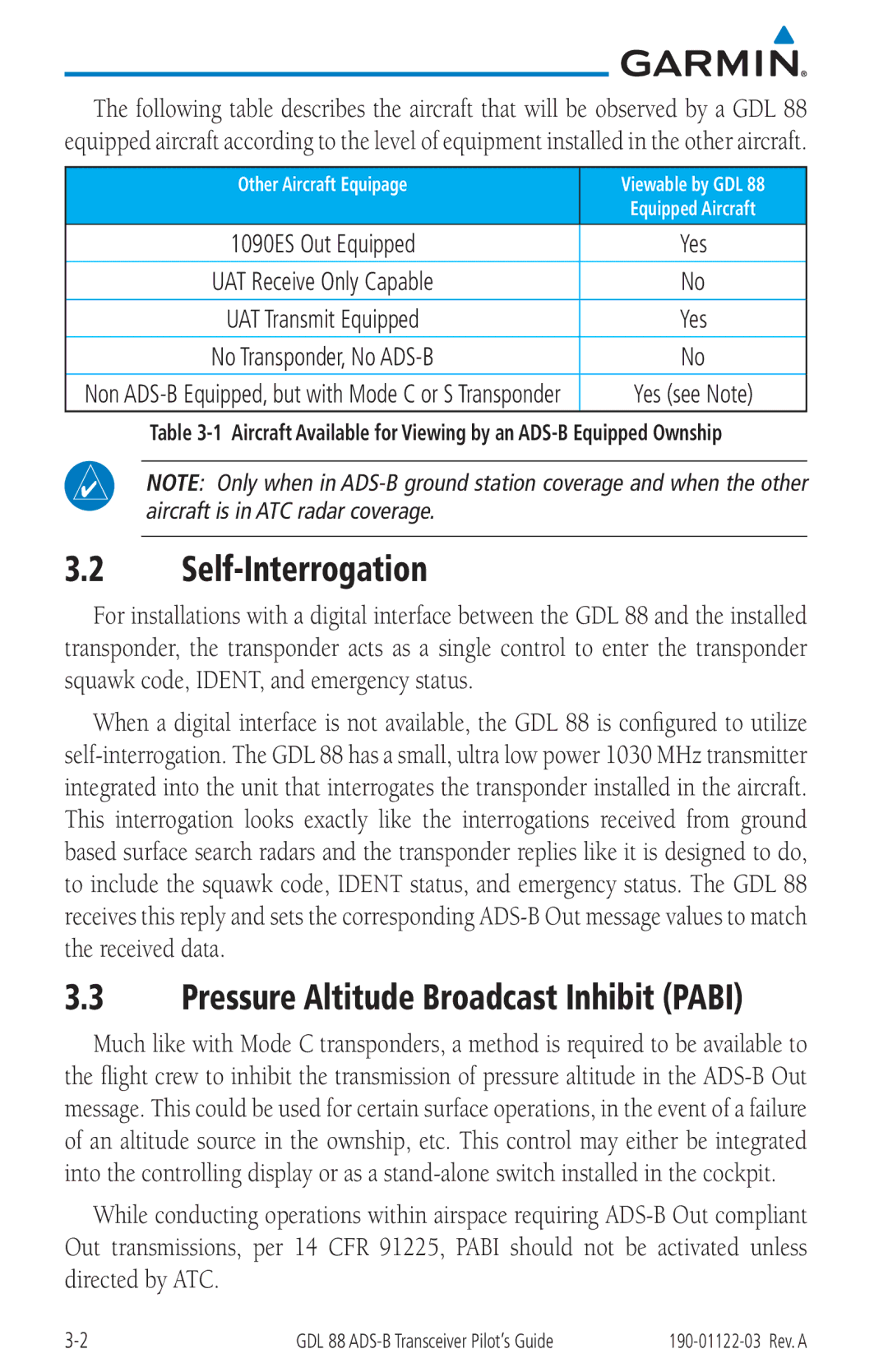 Garmin GDL 88 manual Self-Interrogation, Pressure Altitude Broadcast Inhibit Pabi 