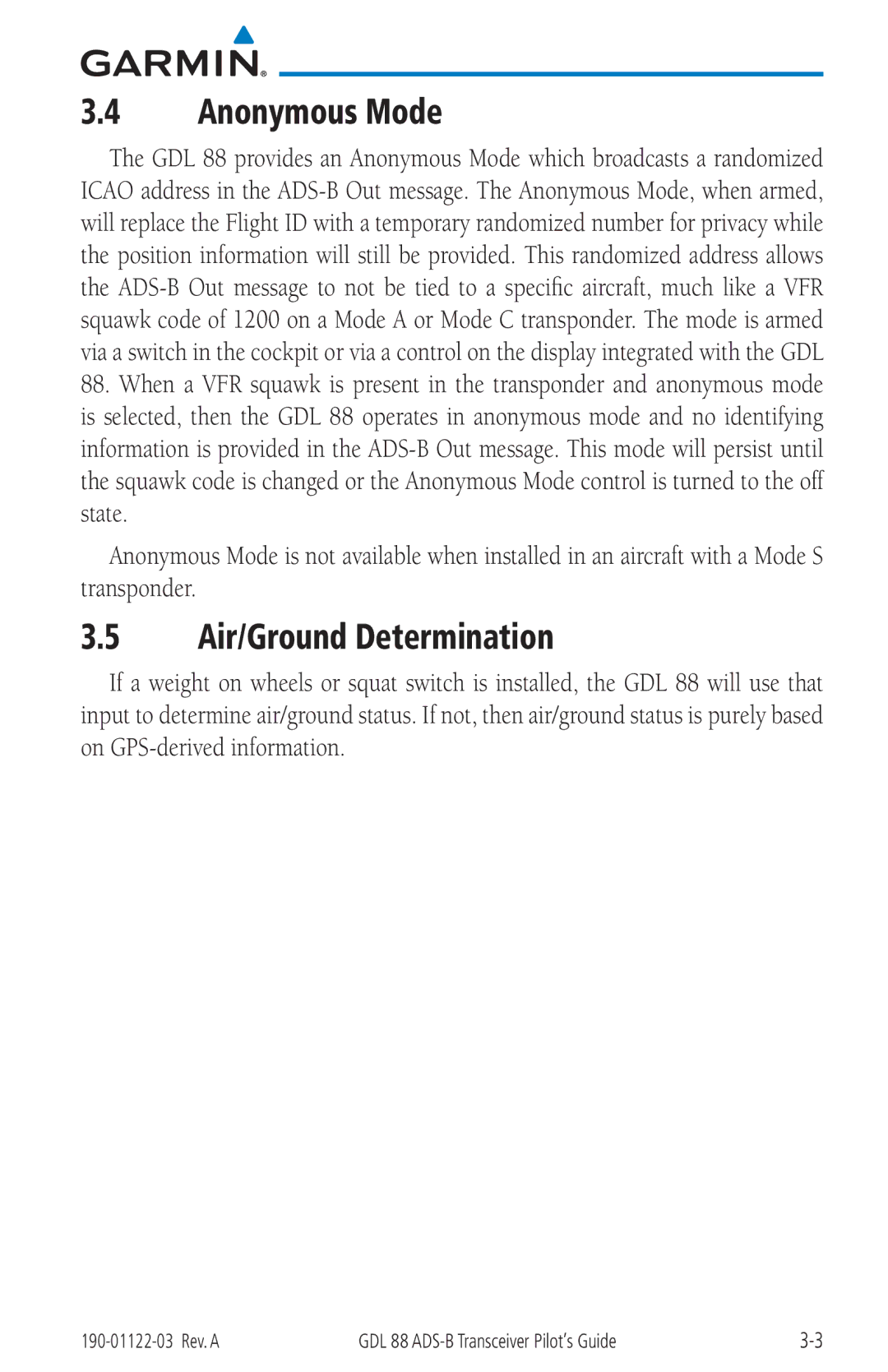 Garmin GDL 88 manual Anonymous Mode, Air/Ground Determination 