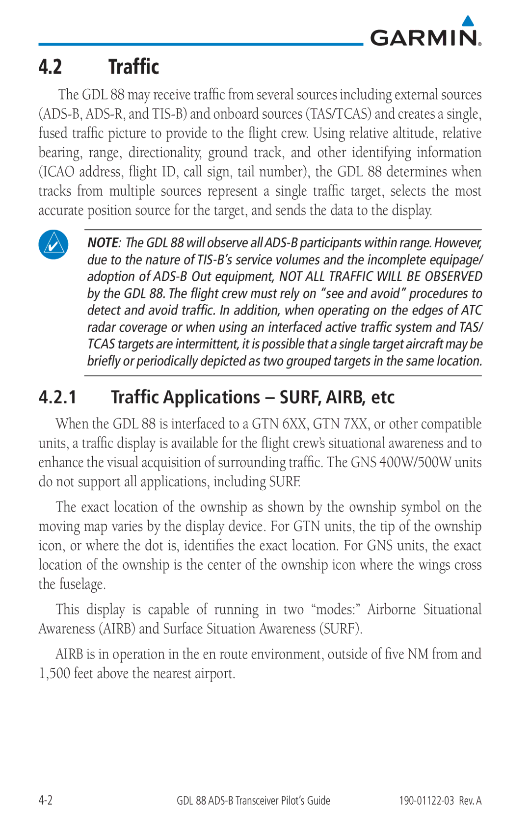 Garmin GDL 88 manual Traffic Applications SURF, AIRB, etc 