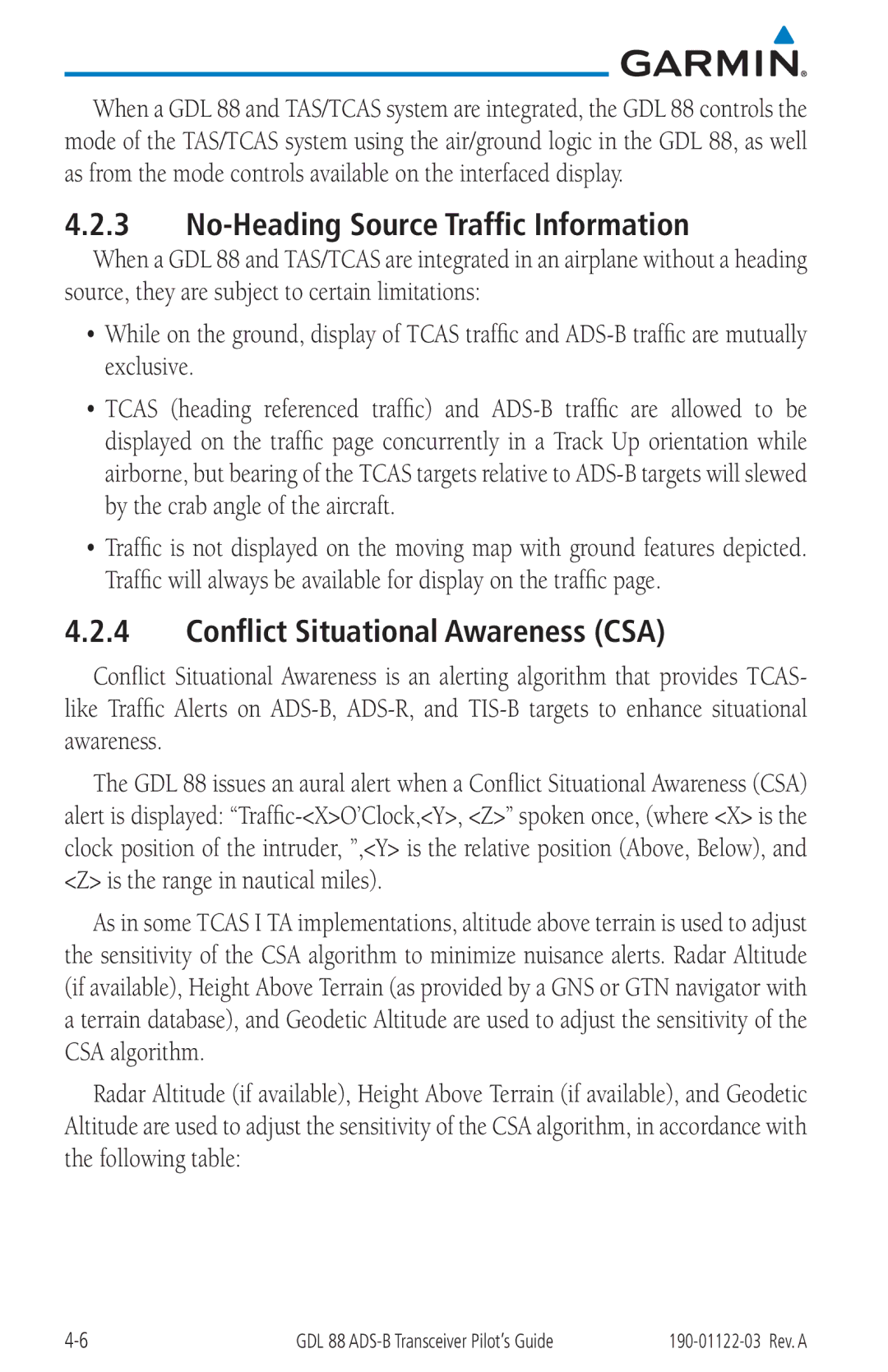 Garmin GDL 88 manual No-Heading Source Traffic Information, Conflict Situational Awareness CSA 