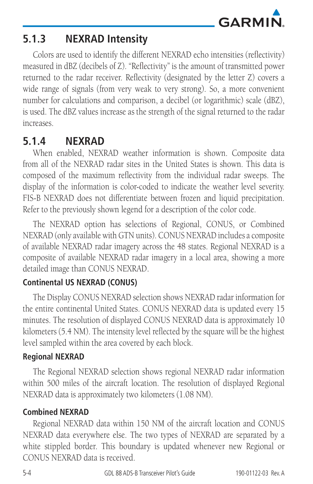 Garmin GDL 88 manual Nexrad Intensity 