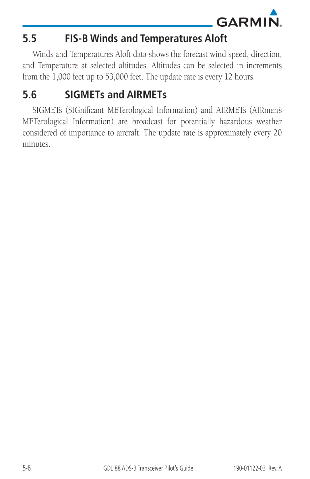 Garmin GDL 88 manual FIS-B Winds and Temperatures Aloft, SIGMETs and AIRMETs 