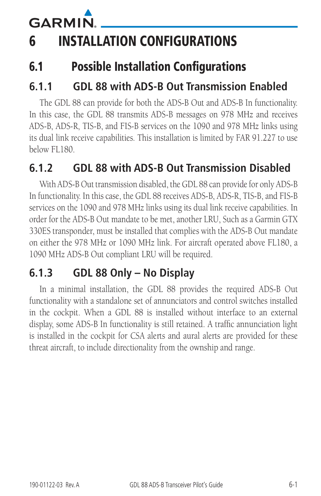 Garmin manual Possible Installation Configurations, GDL 88 Only No Display 