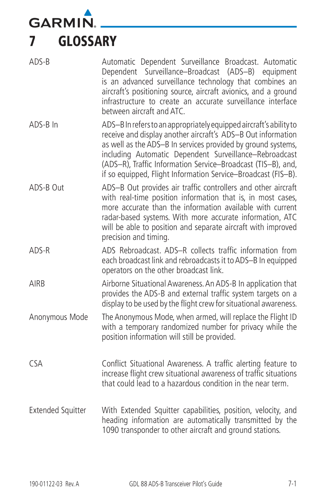 Garmin GDL 88 manual Glossary, Ads-B 