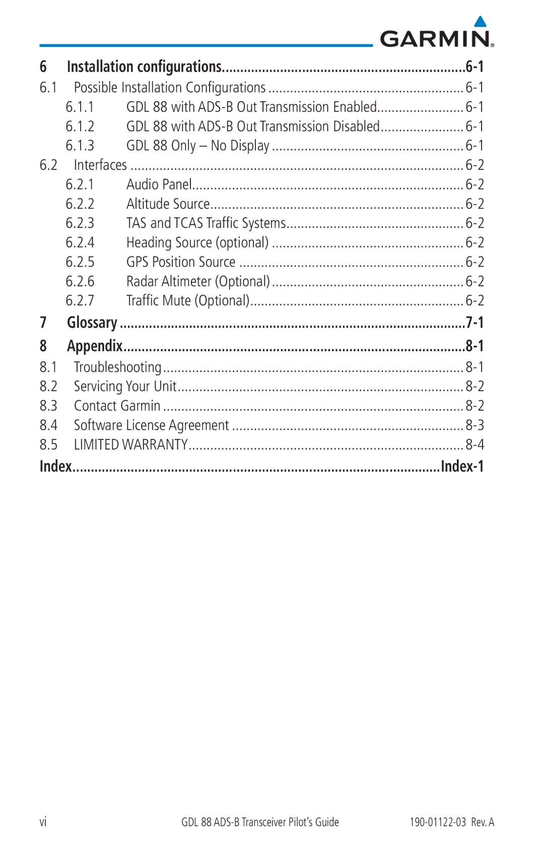 Garmin GDL 88 manual Index Index-1 