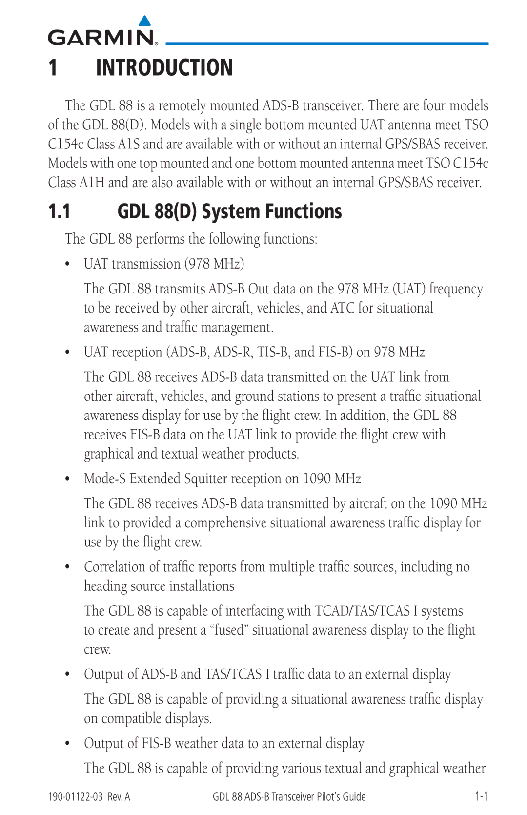 Garmin manual Introduction, GDL 88D System Functions 