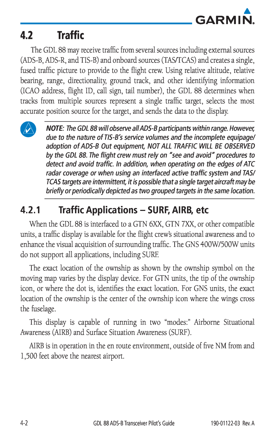 Garmin GDL 88 manual Traffic Applications - SURF, AIRB, etc 