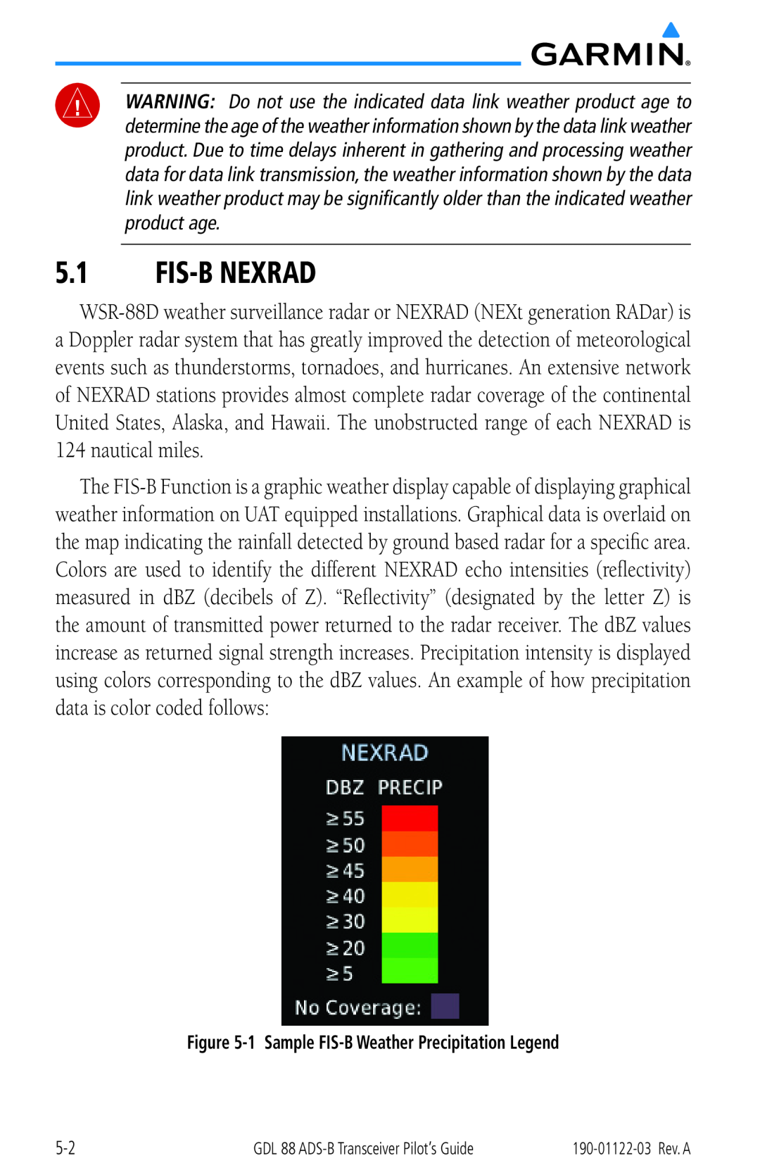 Garmin GDL 88 manual Fis-B Nexrad, data is color coded follows, 1 Sample FIS-B Weather Precipitation Legend 