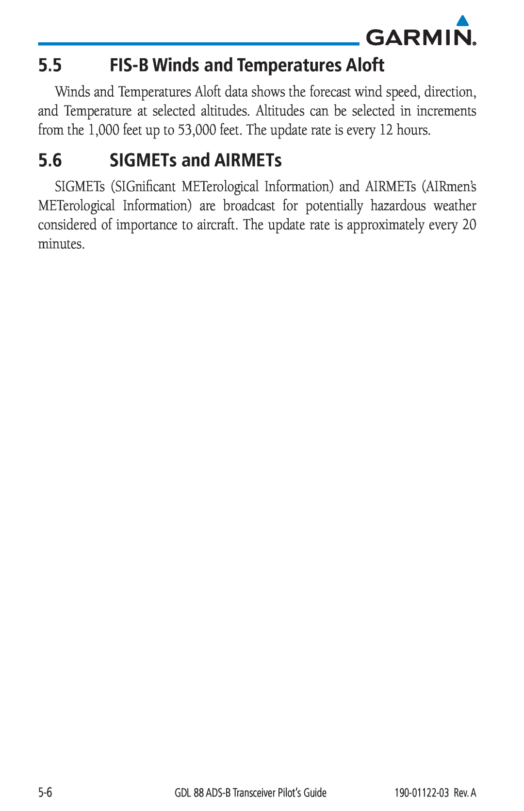 Garmin GDL 88 manual FIS-B Winds and Temperatures Aloft, SIGMETs and AIRMETs 