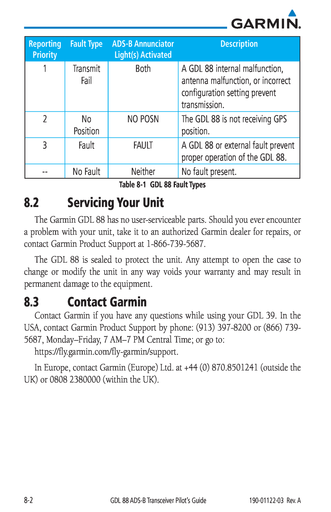 Garmin Servicing Your Unit, Contact Garmin, Description, configuration setting prevent, 1 GDL 88 Fault Types, Reporting 