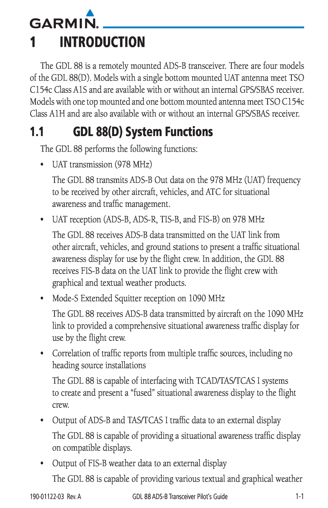 Garmin manual Introduction, GDL 88D System Functions 