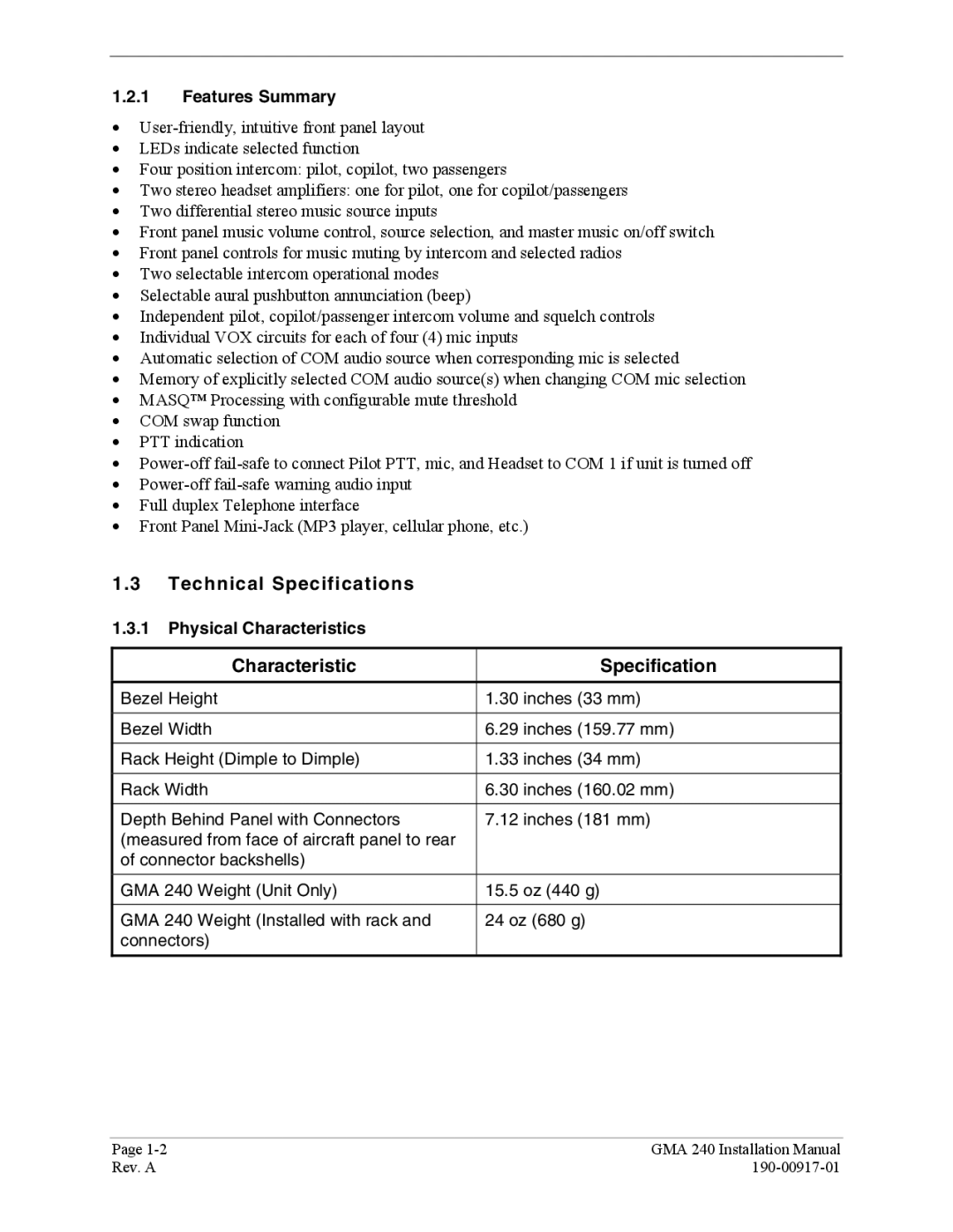 Garmin GMA 240 Technical Specifications, Characteristic Specification, Features Summary, Physical Characteristics 