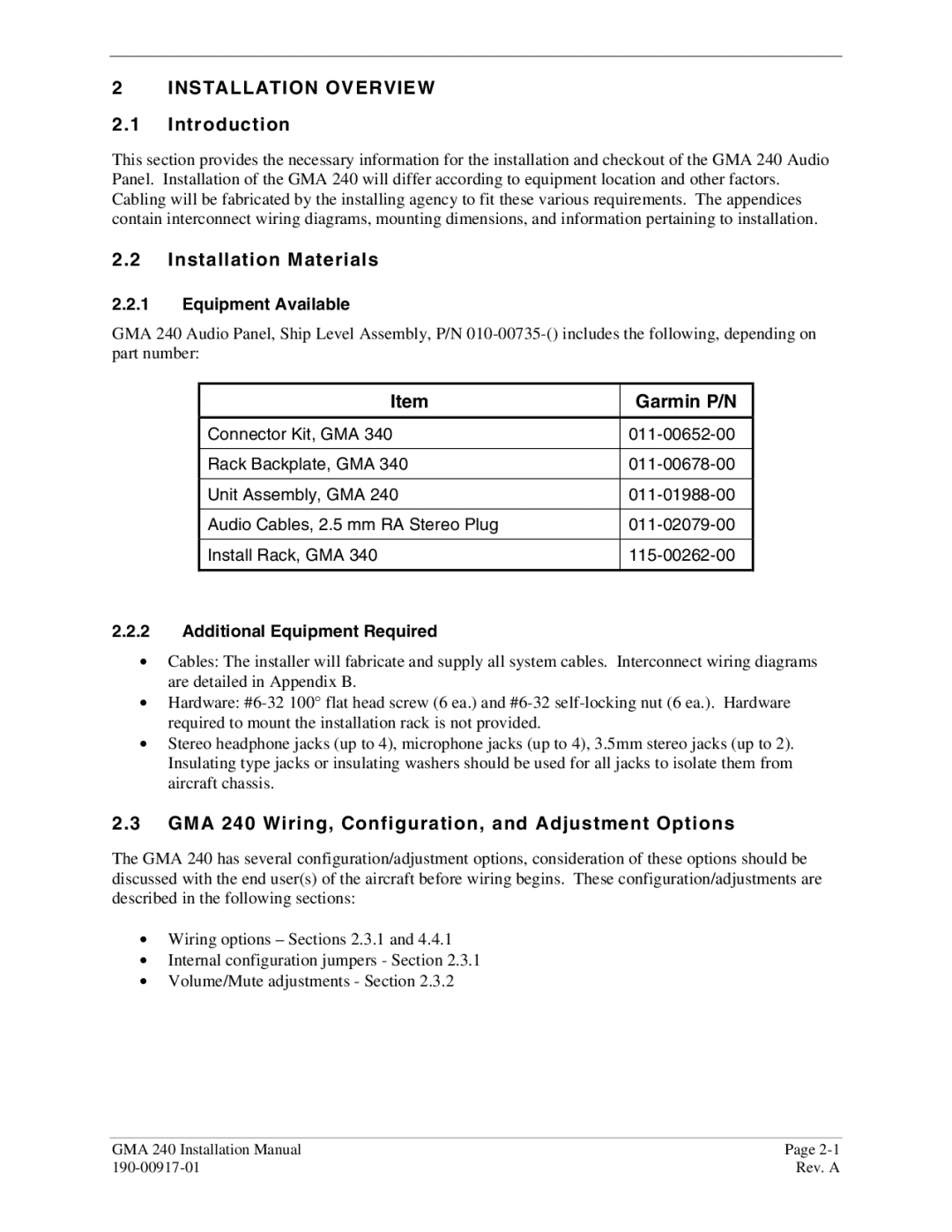 Garmin Installation Materials, Garmin P/N, GMA 240 Wiring, Configuration, and Adjustment Options, Equipment Available 