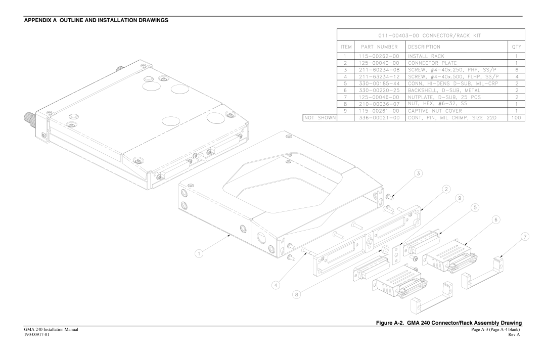 Garmin installation manual Figure A-2. GMA 240 Connector/Rack Assembly Drawing 