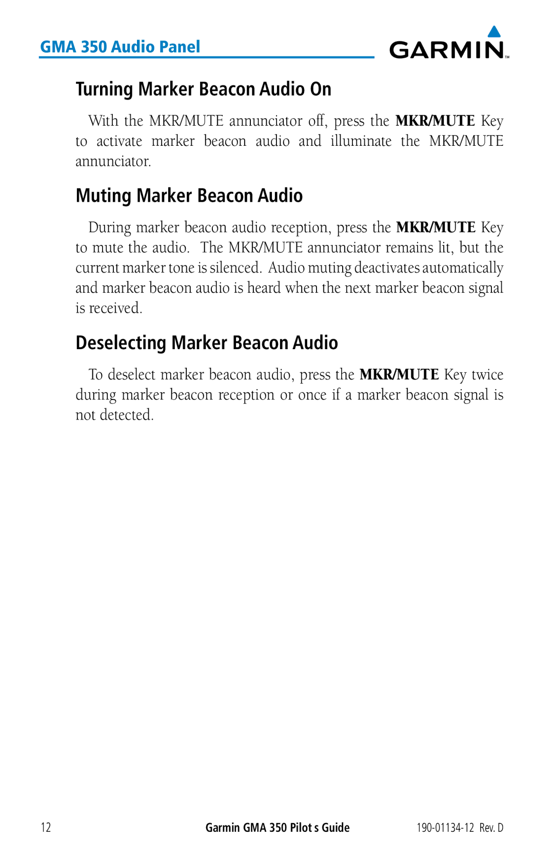 Garmin GMA 350 manual Turning Marker Beacon Audio On, Muting Marker Beacon Audio, Deselecting Marker Beacon Audio 