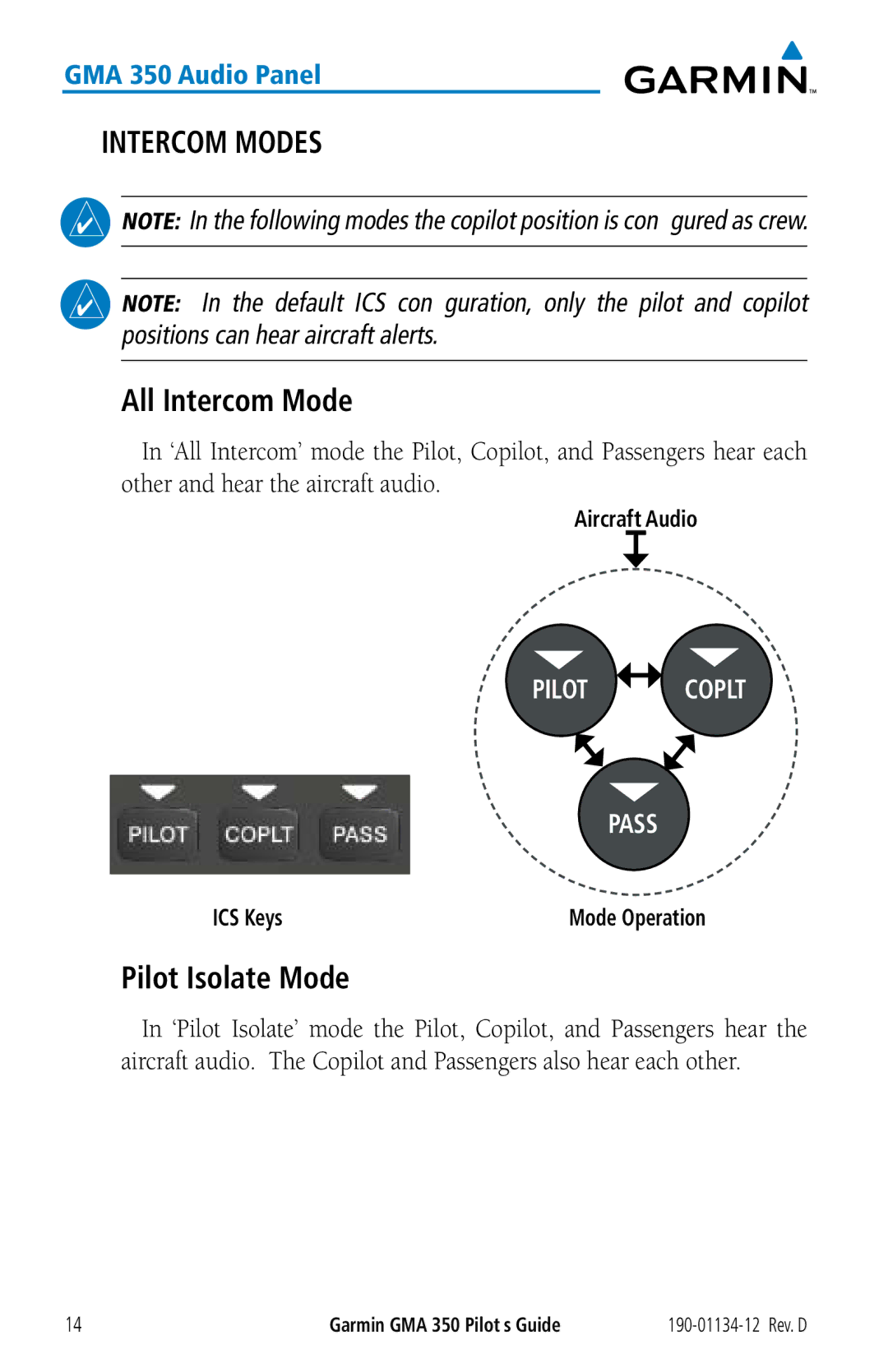 Garmin GMA 350 manual Intercom Modes, All Intercom Mode, Pilot Isolate Mode 