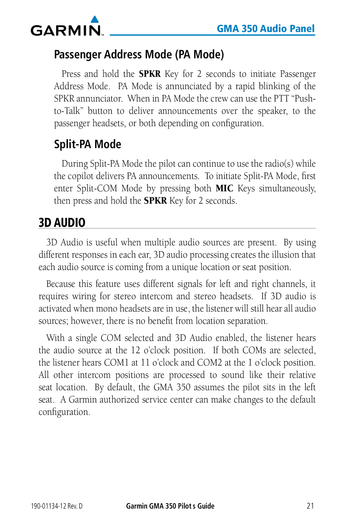 Garmin GMA 350 manual 3D Audio, Passenger Address Mode PA Mode, Split-PA Mode 