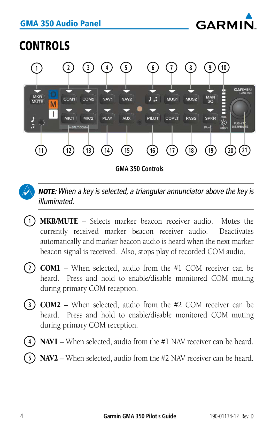 Garmin GMA 350 manual Controls 